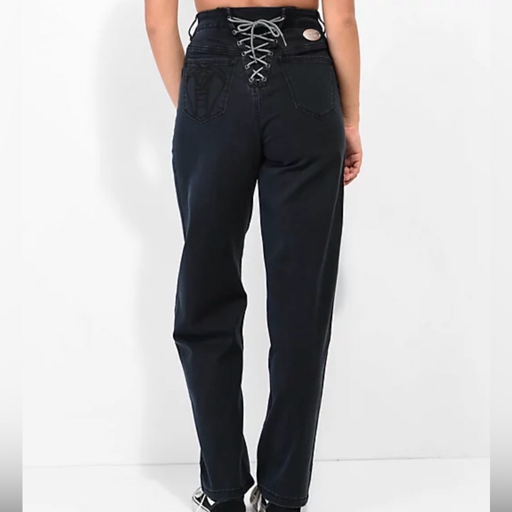 Black broken promises barrel corset back jeans logo, size 16 black good conditi